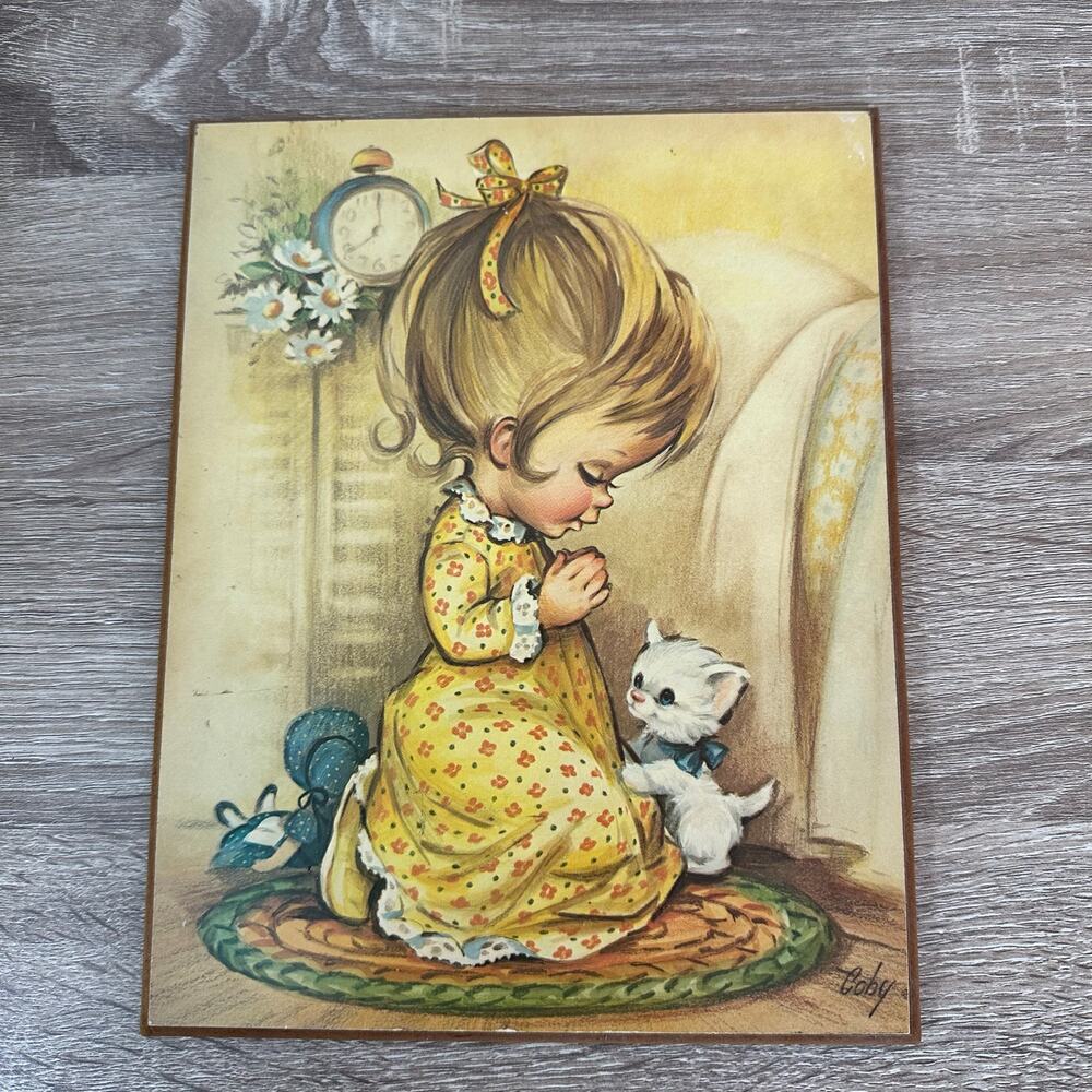 Vintage Cute Girl Praying w Kitten Art Print Coby Wood Plaque Wall Art Cottage
